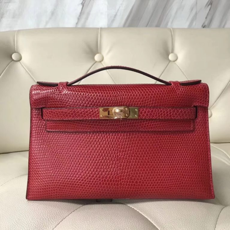 Hermes Q5 Rouge Casaque Lizard Leather Minikelly Evening Clutch Bag