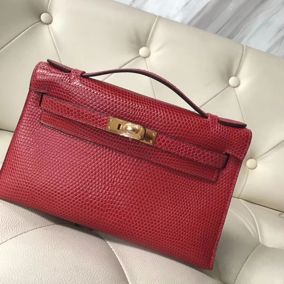Pretty Hermes Q5 Rouge Casaque Lizard Leather Minikelly Evening Clutch Bag