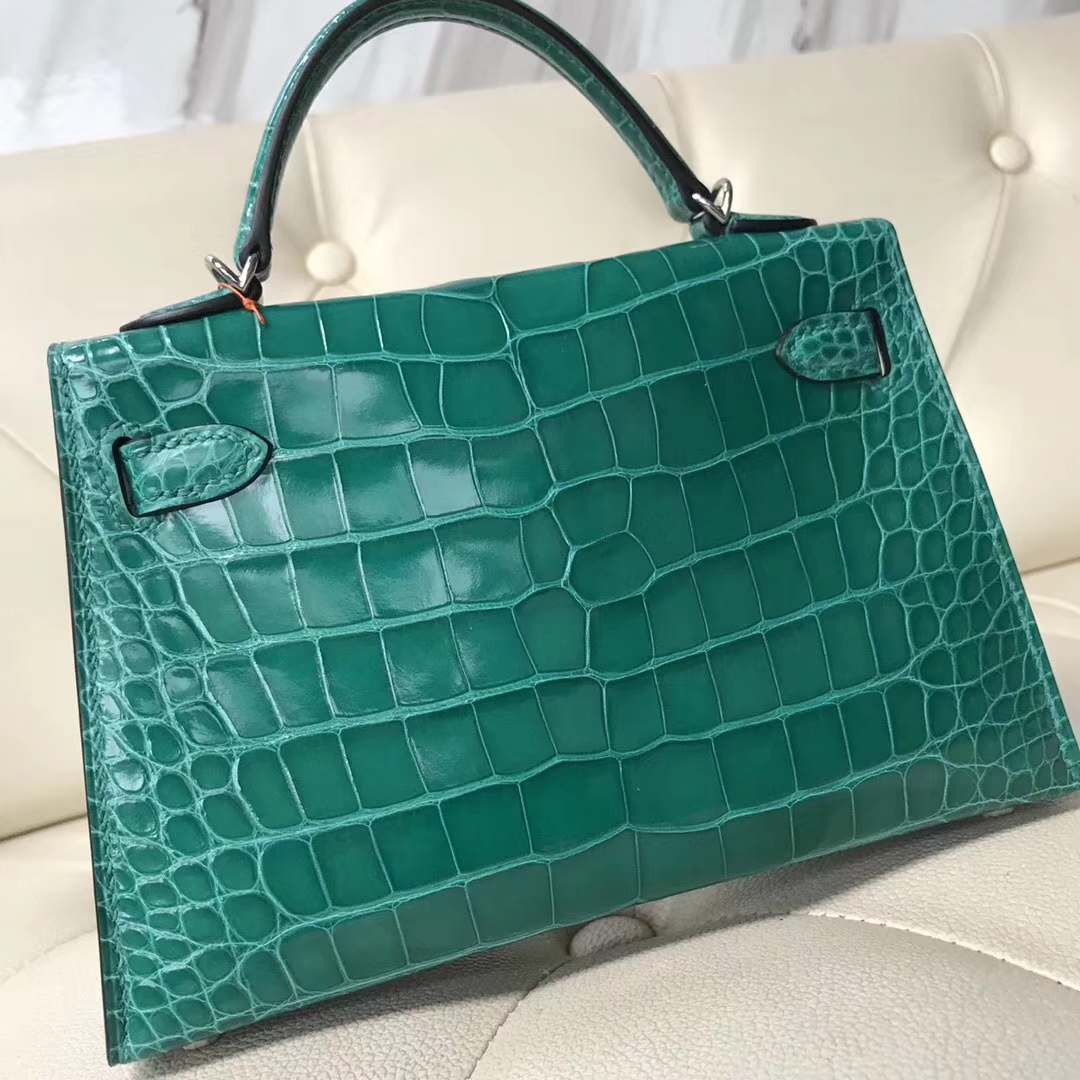 Wholesale Hermes 6Q Emerald Green Shiny Crocodile Minikelly-2 Clutch Bag Silver Hardware