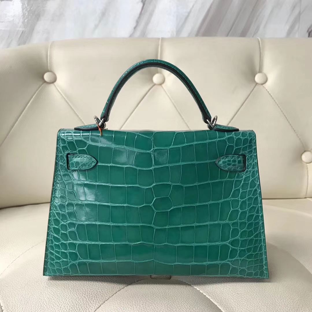 Wholesale Hermes 6Q Emerald Green Shiny Crocodile Minikelly-2 Clutch Bag Silver Hardware