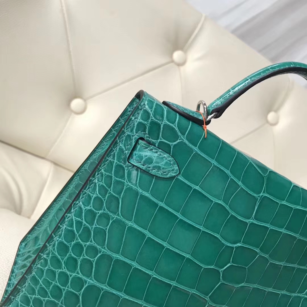 Wholesale Hermes 6Q Emerald Green Shiny Crocodile Minikelly-2 Clutch Bag Silver Hardware