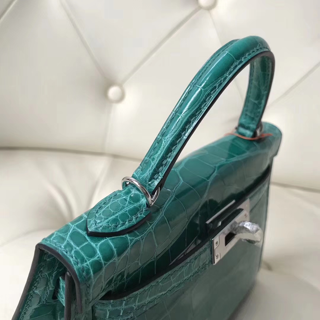 Wholesale Hermes 6Q Emerald Green Shiny Crocodile Minikelly-2 Clutch Bag Silver Hardware