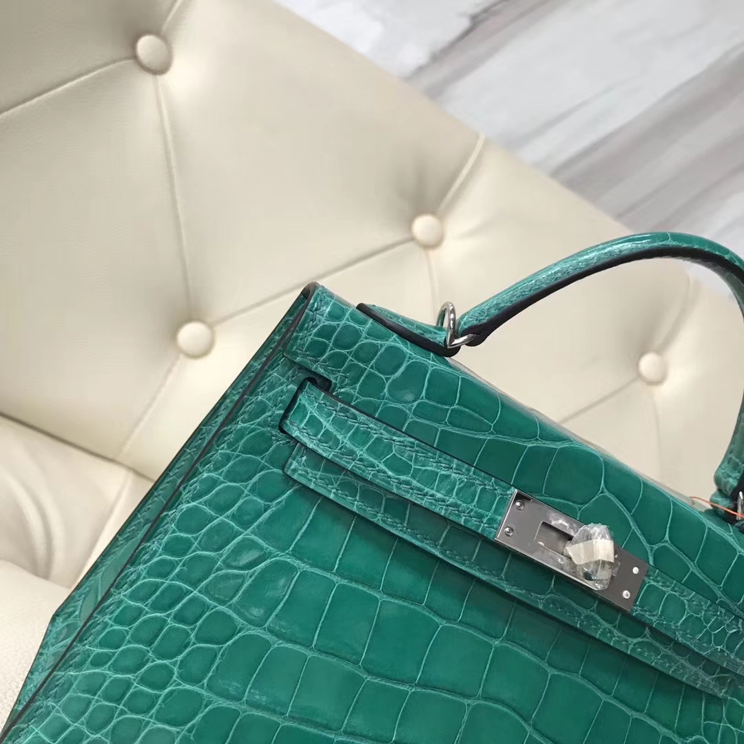 Wholesale Hermes 6Q Emerald Green Shiny Crocodile Minikelly-2 Clutch Bag Silver Hardware
