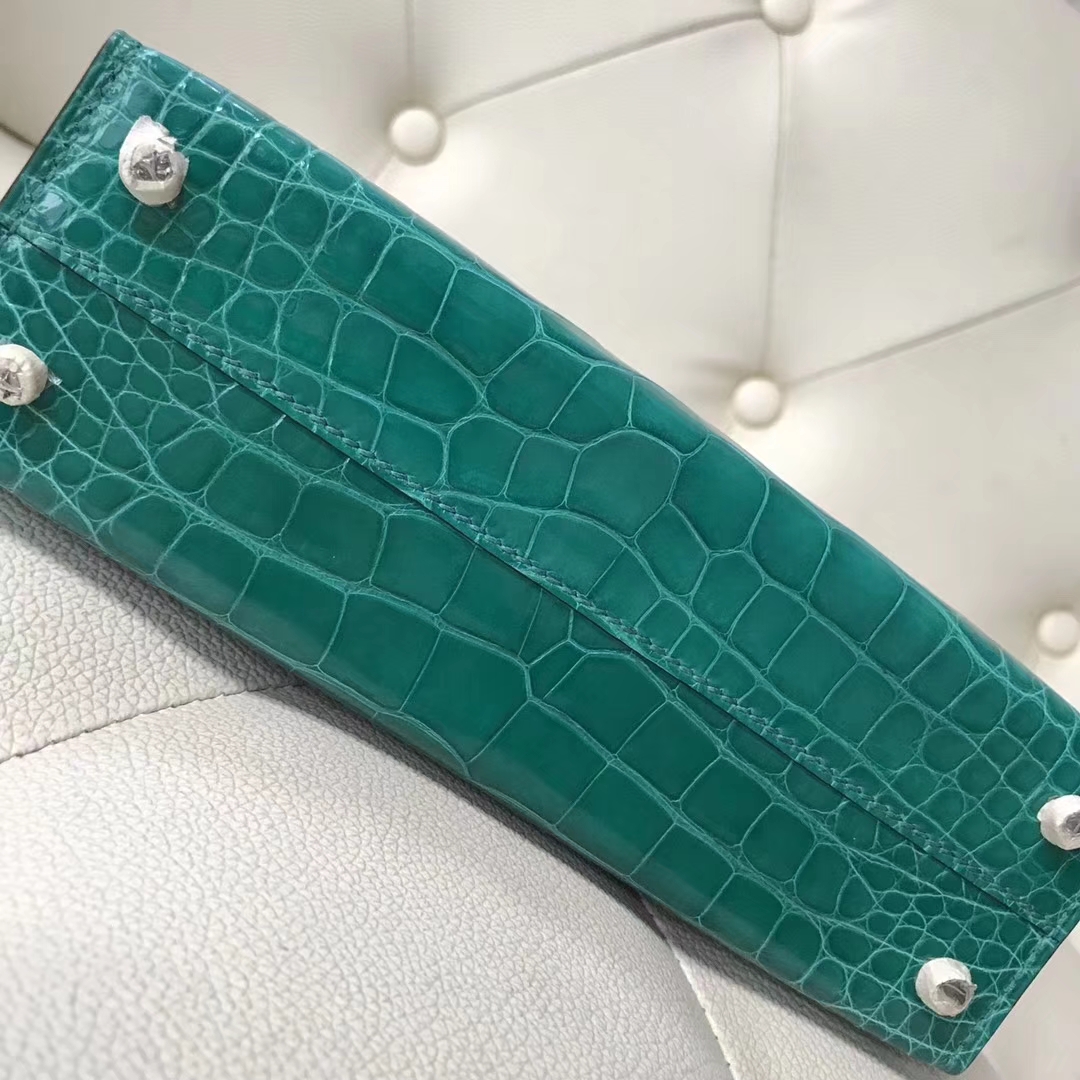 Wholesale Hermes 6Q Emerald Green Shiny Crocodile Minikelly-2 Clutch Bag Silver Hardware