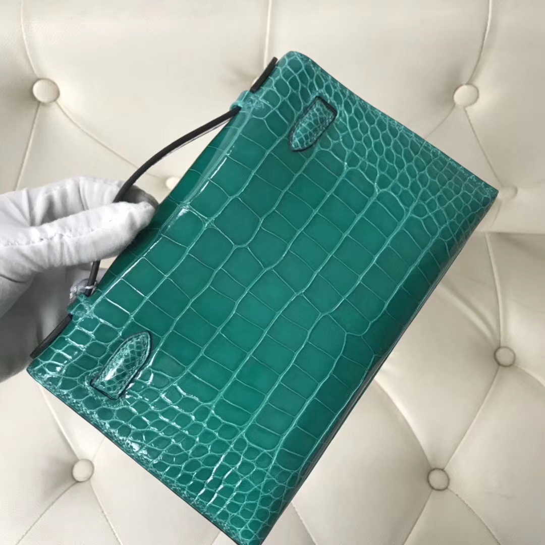 Discount Hermes 6Q Emerald Green Alligator Shiny Crocodile Minikelly Evening Bag Silver Hardware