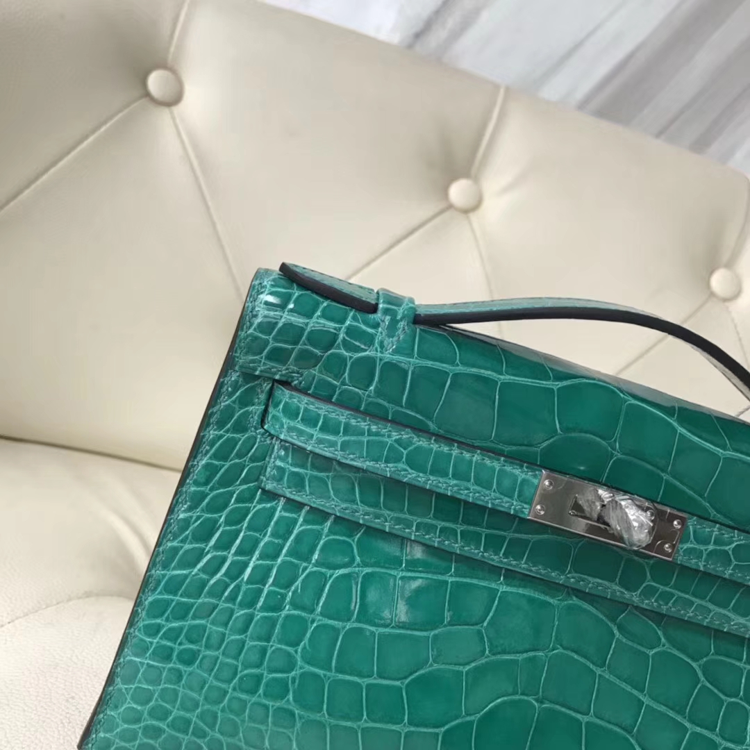 Discount Hermes 6Q Emerald Green Alligator Shiny Crocodile Minikelly Evening Bag Silver Hardware