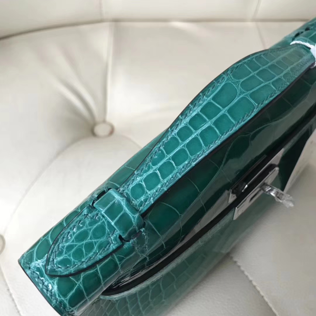 Discount Hermes 6Q Emerald Green Alligator Shiny Crocodile Minikelly Evening Bag Silver Hardware