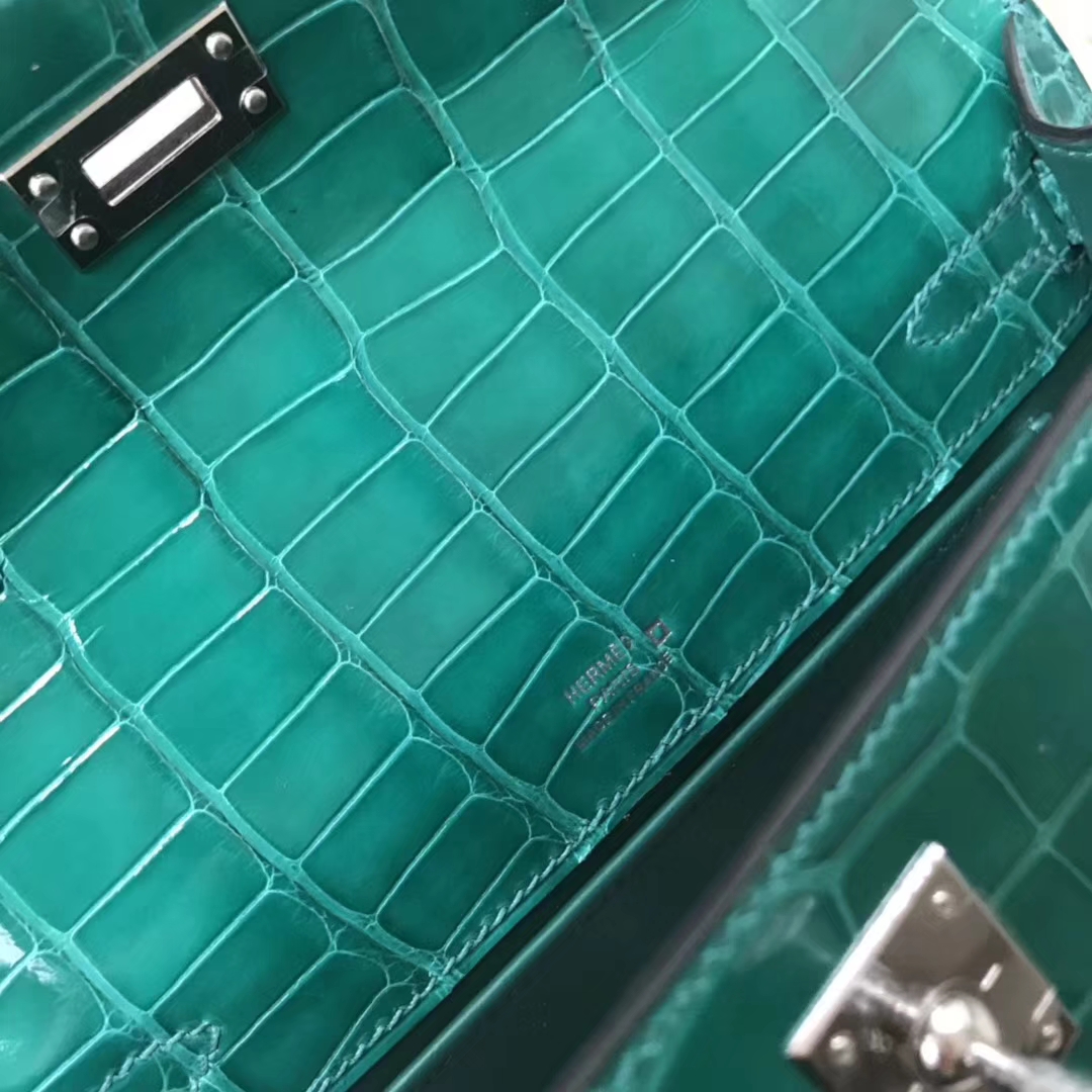 Discount Hermes 6Q Emerald Green Alligator Shiny Crocodile Minikelly Evening Bag Silver Hardware