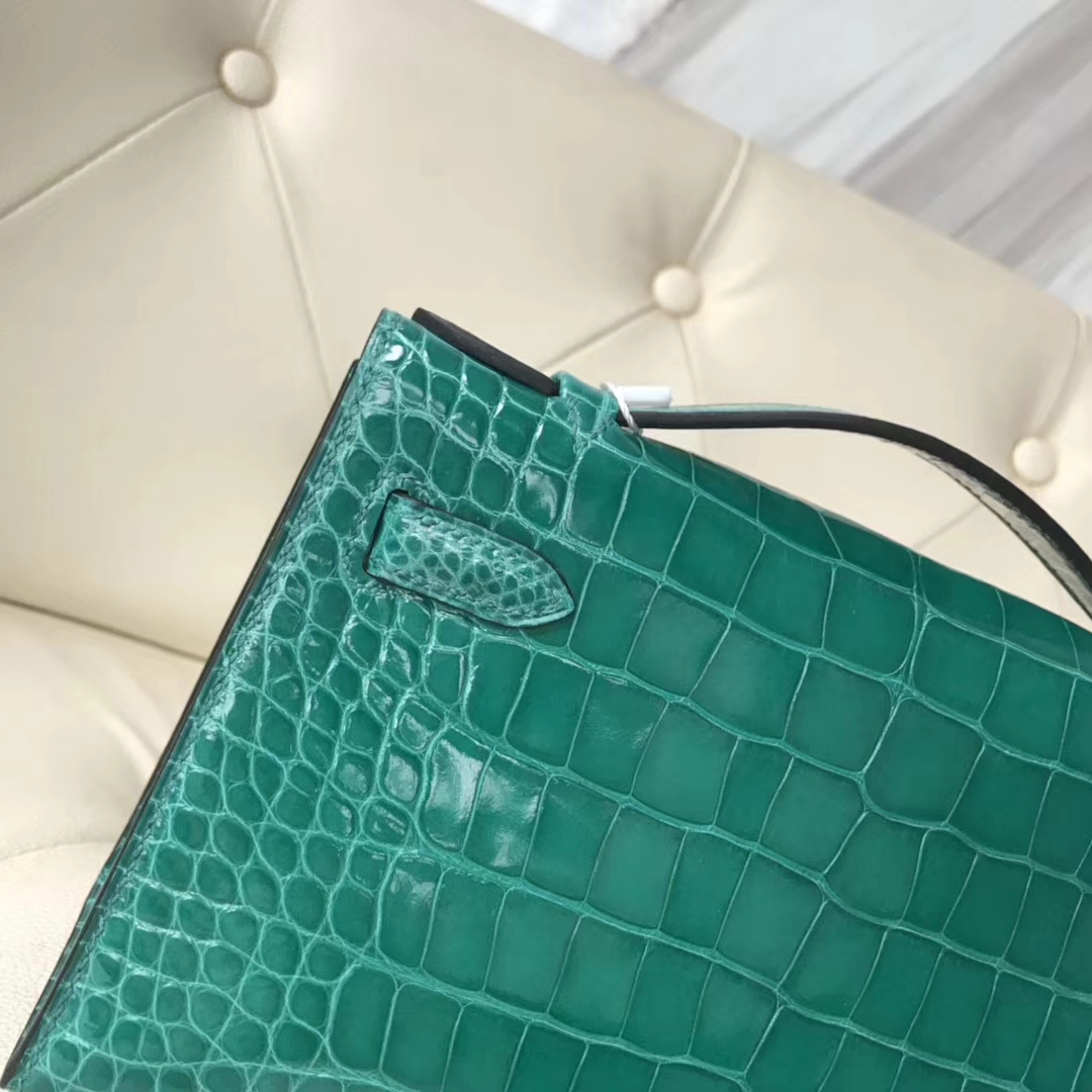 Discount Hermes 6Q Emerald Green Alligator Shiny Crocodile Minikelly Evening Bag Silver Hardware