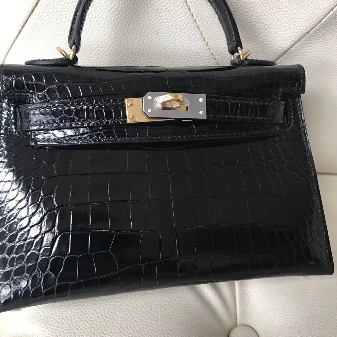 Elegant  Hermes Alligator Shiny Crocodile Minikelly-2 Clutch Bag in CK89 Black Gold Hardware