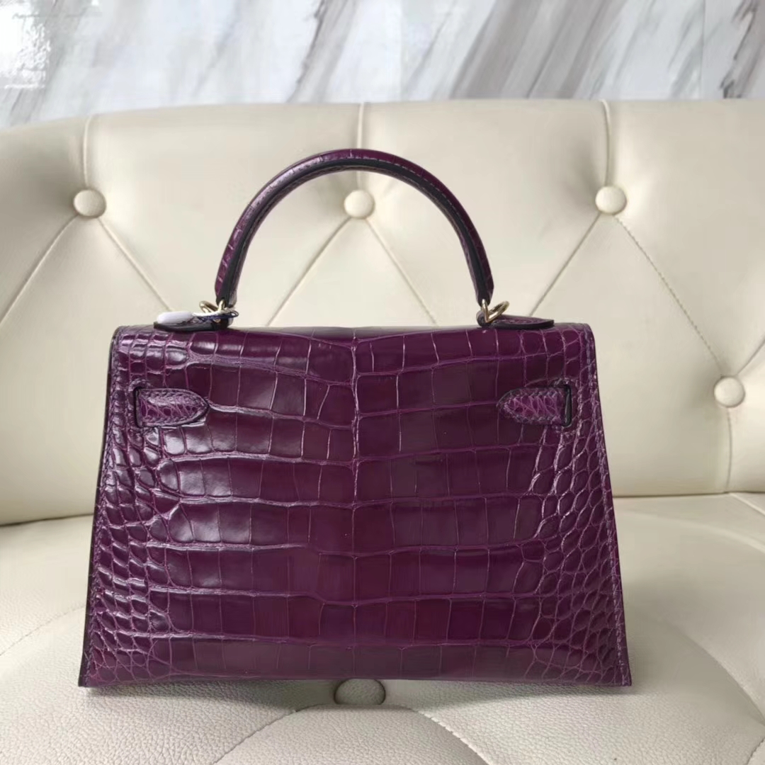 Luxury Hermes Alligator Shiny Crocodile Minikelly-2 Evening Bag in N5 Cassis Purple Gold Hardware