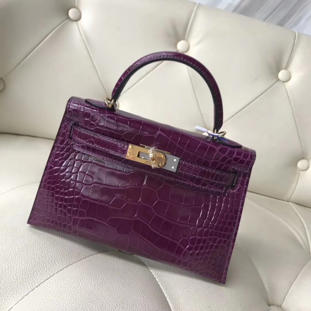 Luxury Hermes Alligator Shiny Crocodile Minikelly-2 Evening Bag in N5 Cassis Purple Gold Hardware