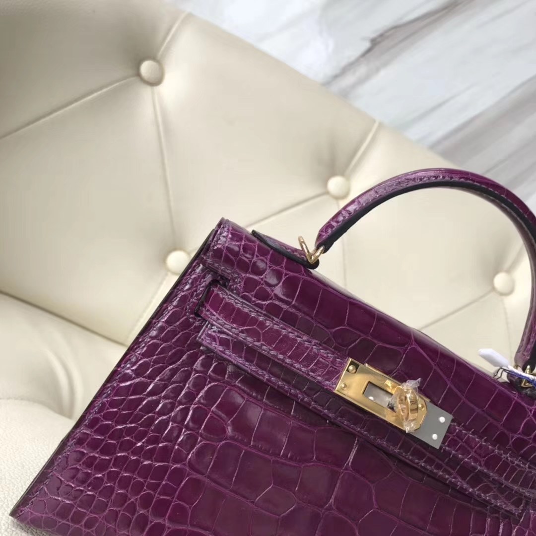 Luxury Hermes Alligator Shiny Crocodile Minikelly-2 Evening Bag in N5 Cassis Purple Gold Hardware