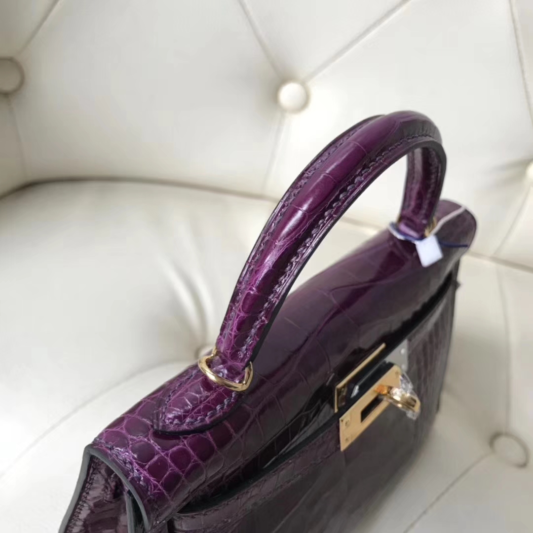 Luxury Hermes Alligator Shiny Crocodile Minikelly-2 Evening Bag in N5 Cassis Purple Gold Hardware