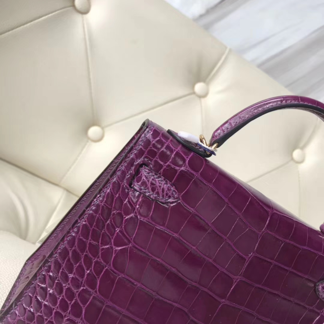 Luxury Hermes Alligator Shiny Crocodile Minikelly-2 Evening Bag in N5 Cassis Purple Gold Hardware