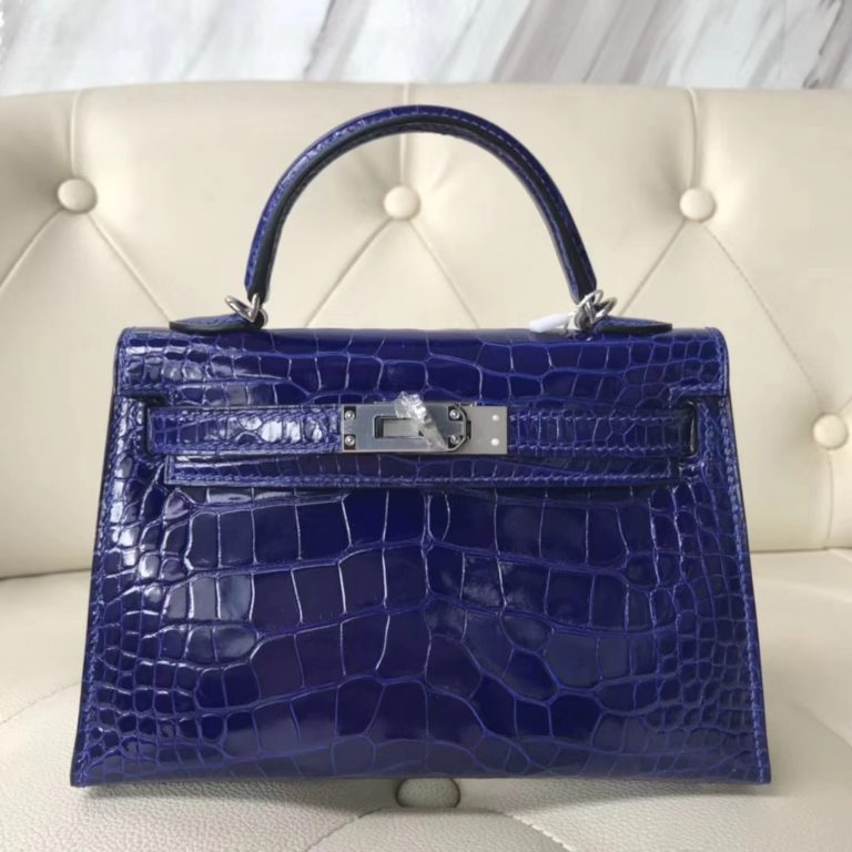 Hermes Shiny Crocodile Leather Minikelly-2 Clutch Bag in 7T Blue Electric Silver Hardware
