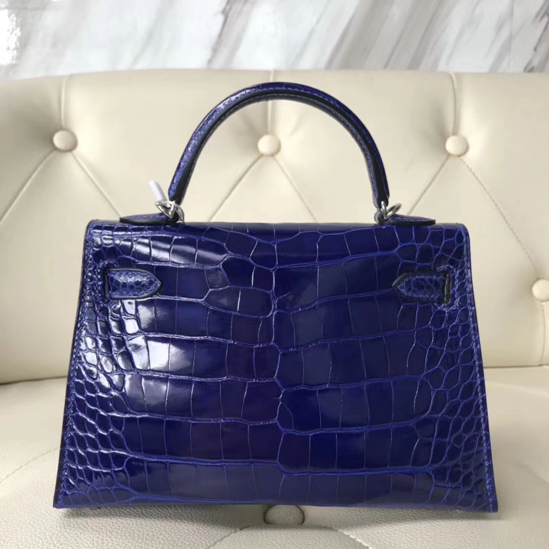 Noble Hermes Shiny Crocodile Leather Minikelly-2 Clutch Bag in 7T Blue Electric Silver Hardware