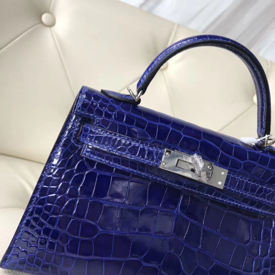 Noble Hermes Shiny Crocodile Leather Minikelly-2 Clutch Bag in 7T Blue Electric Silver Hardware