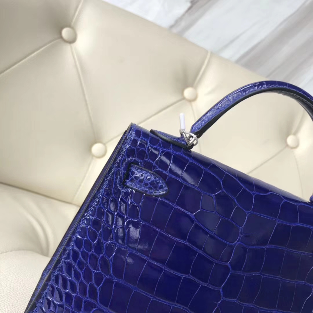 Noble Hermes Shiny Crocodile Leather Minikelly-2 Clutch Bag in 7T Blue Electric Silver Hardware