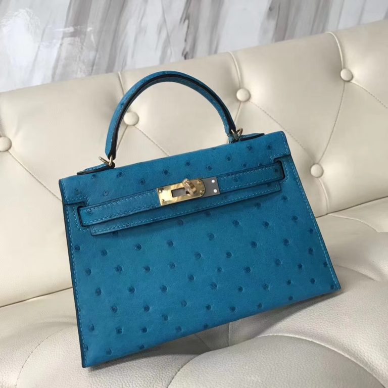 Hermes Ostrich Leather Minikelly-2 Evening Bag in Blue Turchese Gold Hardware