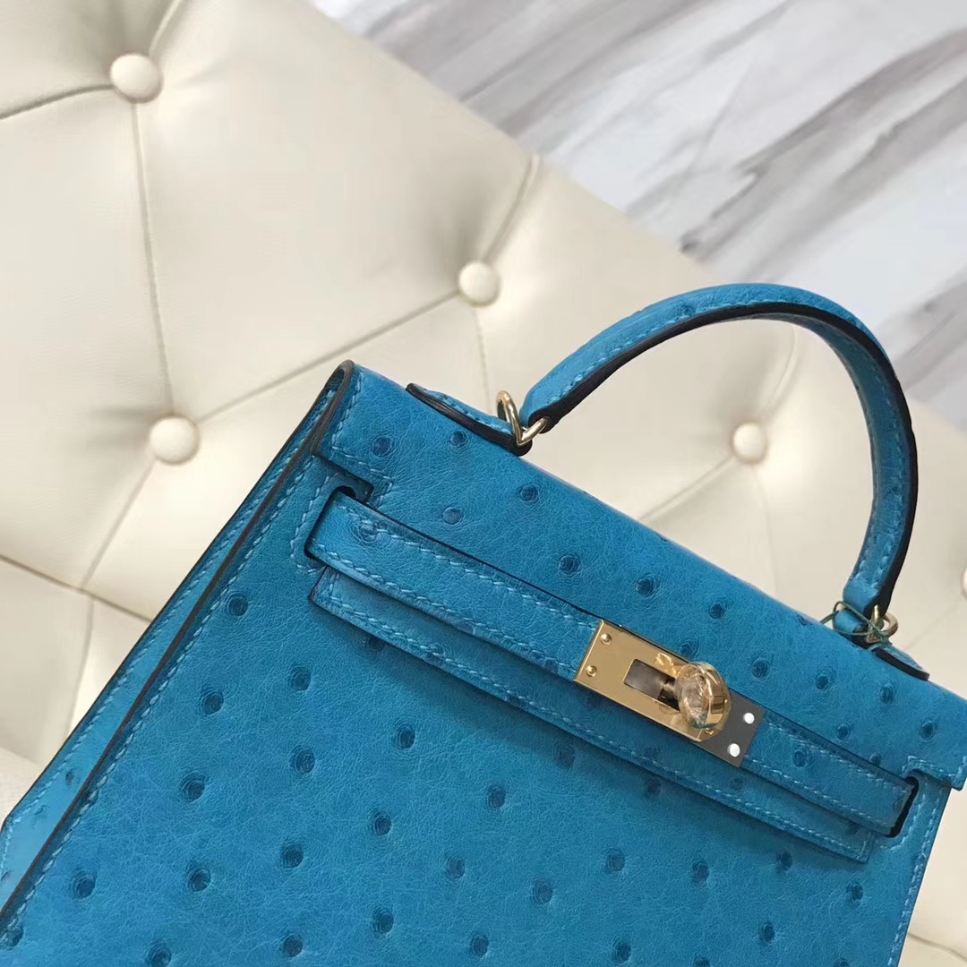 Sale Hermes Ostrich Leather Minikelly-2 Evening Bag in Blue Turchese Gold Hardware