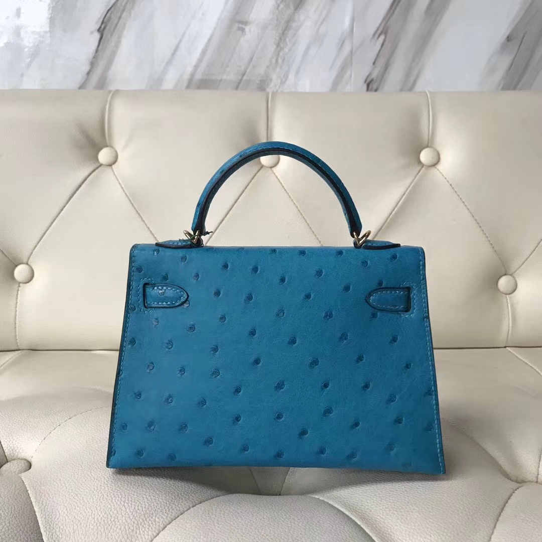 Sale Hermes Ostrich Leather Minikelly-2 Evening Bag in Blue Turchese Gold Hardware