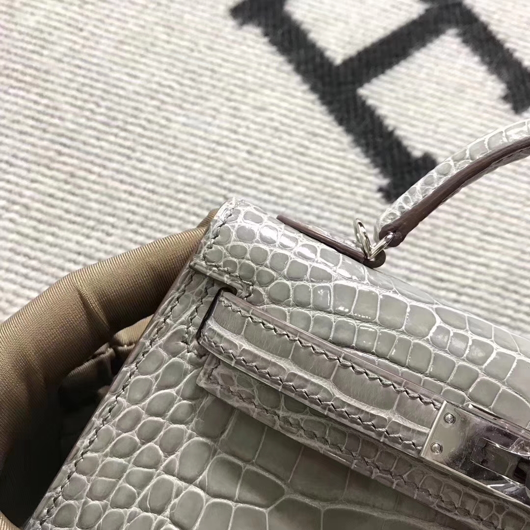 Discount Hermes Minikelly-2 Evening Clutch in Gris Tourterelle Shiny Crocodile Silver Hardware
