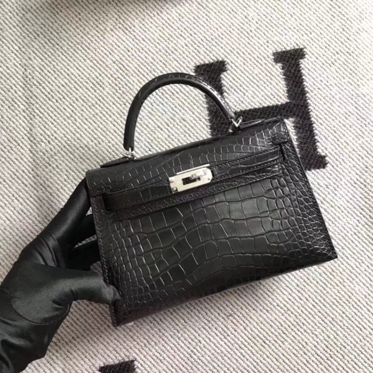 Hermes Black Matt Crocodile Leather Minikelly-2 Evening Clutch Bag Silver Hardware