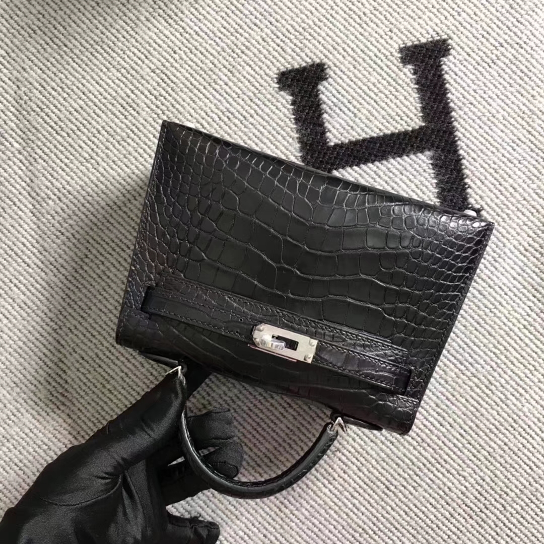 Sale Hermes Black Matt Crocodile Leather Minikelly-2 Evening Clutch Bag Silver Hardware