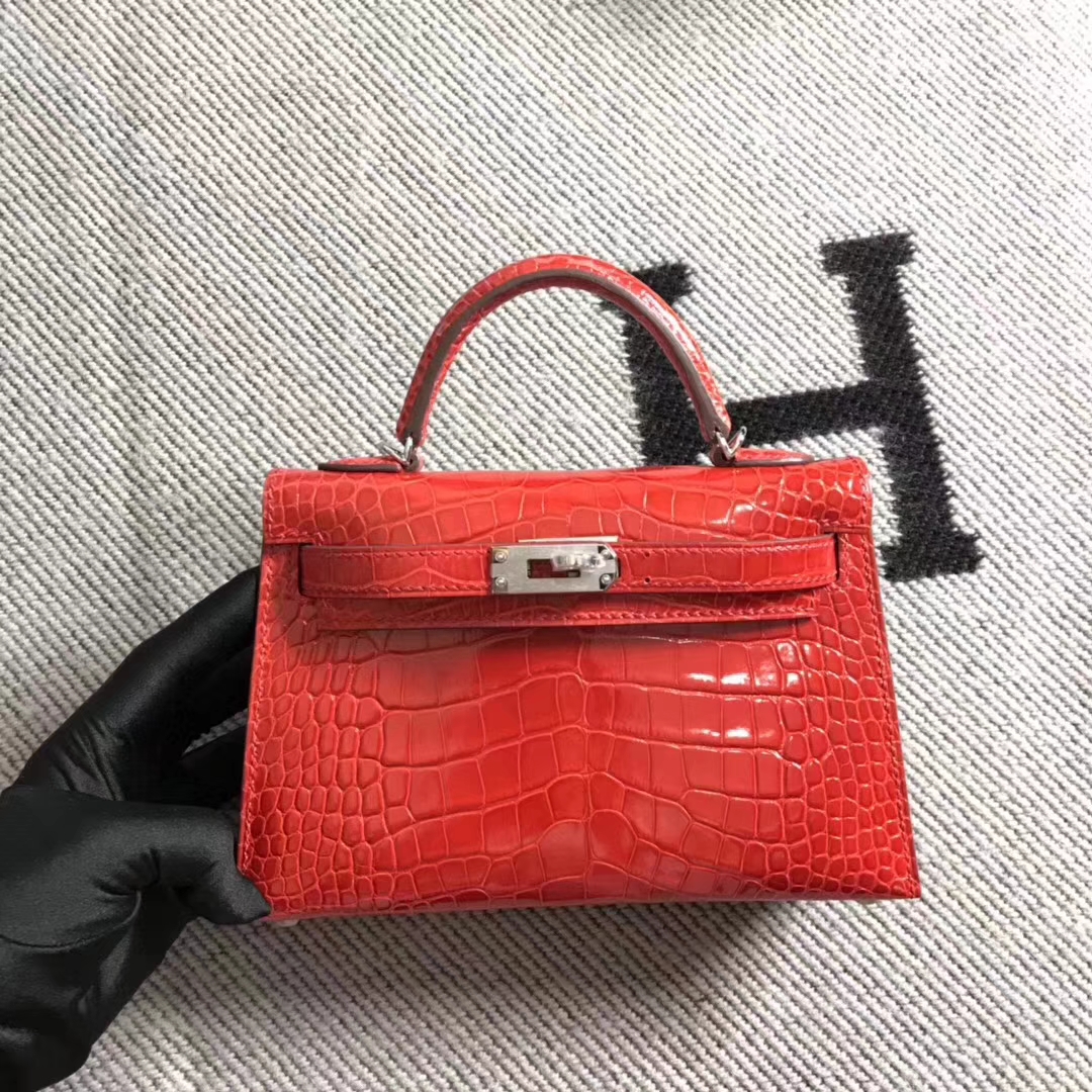 Pretty Hermes Shiny Crocodile Leather Minikelly-2 Tote Clutch Bag in Braise Silver Hardware