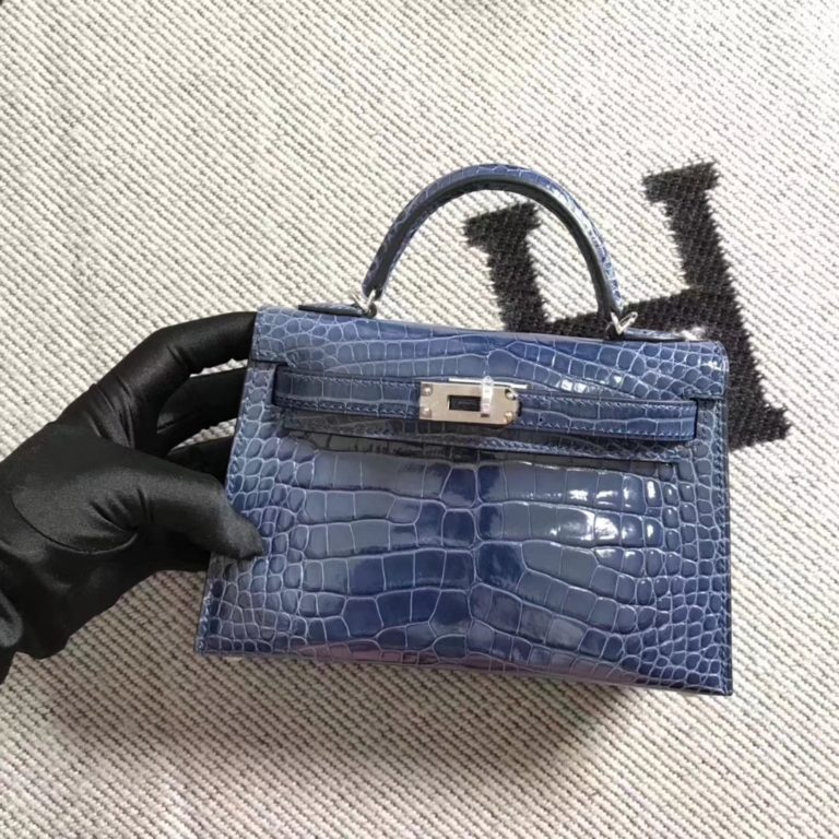 Hermes Blue Jean Shiny Crocodile Leather Minikelly-2 Clutch Bag Silver Hardware