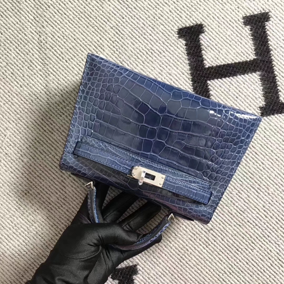 Noble Hermes Blue Jean Shiny Crocodile Leather Minikelly-2 Clutch Bag Silver Hardware
