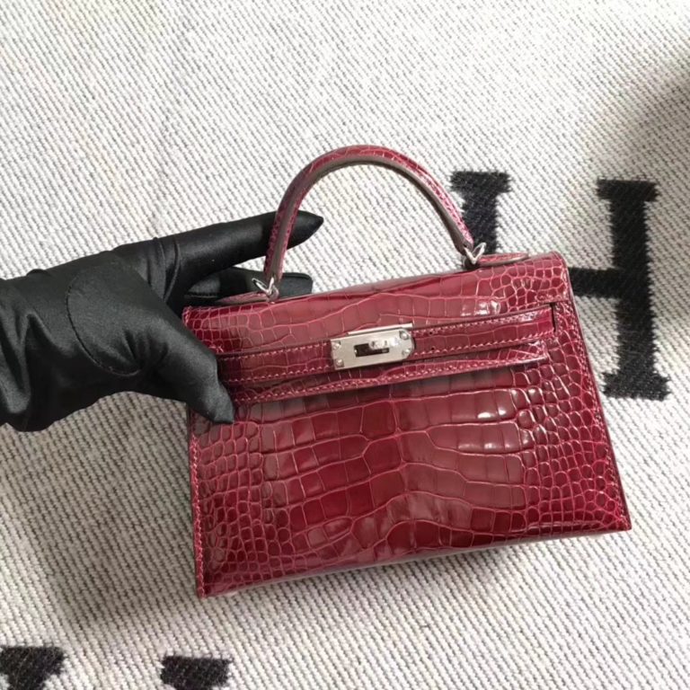 Hermes  Minikelly-2 Clutch Bag in Wine Red Shiny Crocodile Leather Silver Hardware
