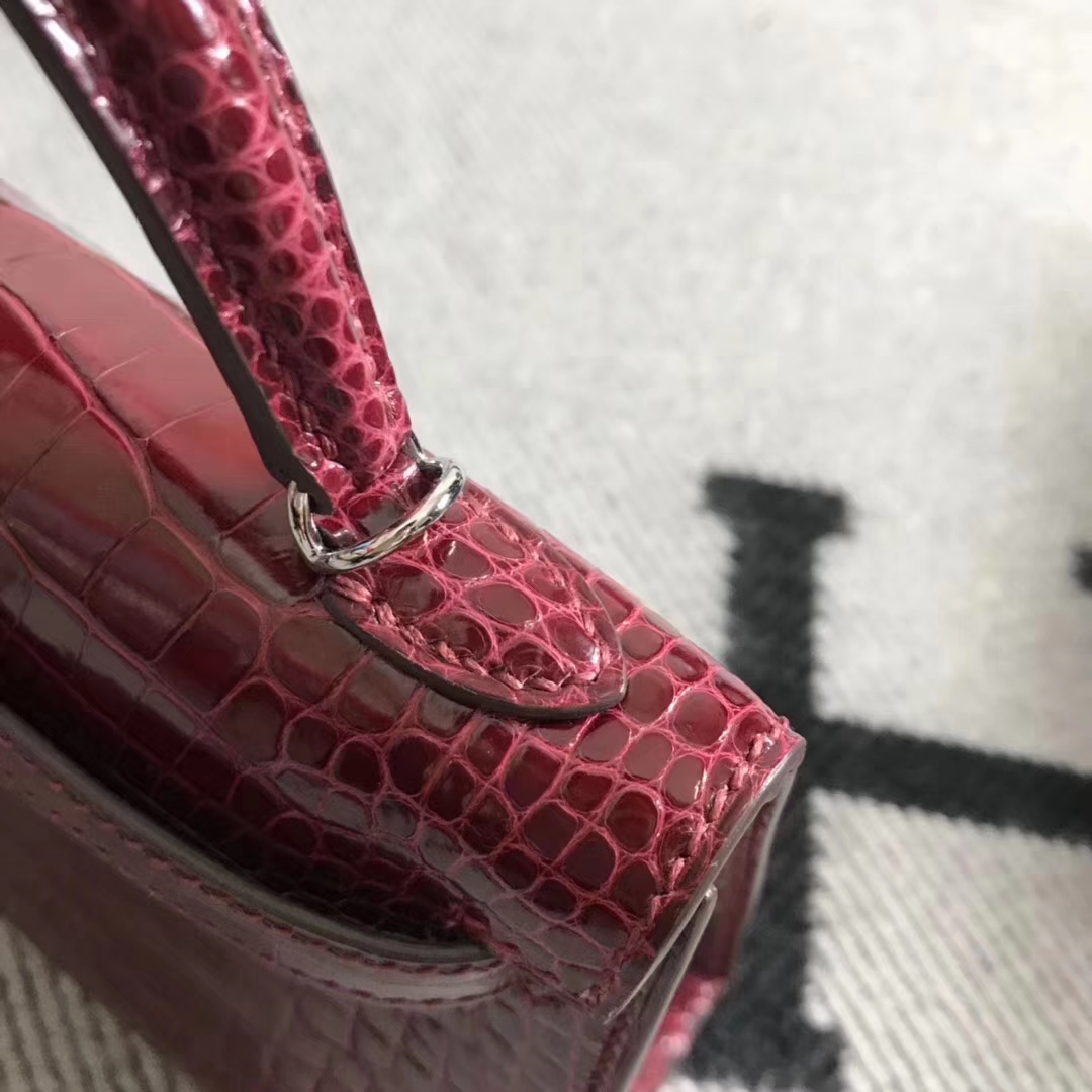 Luxury Hermes  Minikelly-2 Clutch Bag in Wine Red Shiny Crocodile Leather Silver Hardware