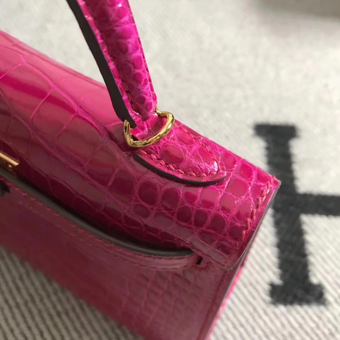 Luxury Hermes Hot Pink Shiny Crocodile Leather Minikelly-2 Evening Clutch Bag Gold Hardware