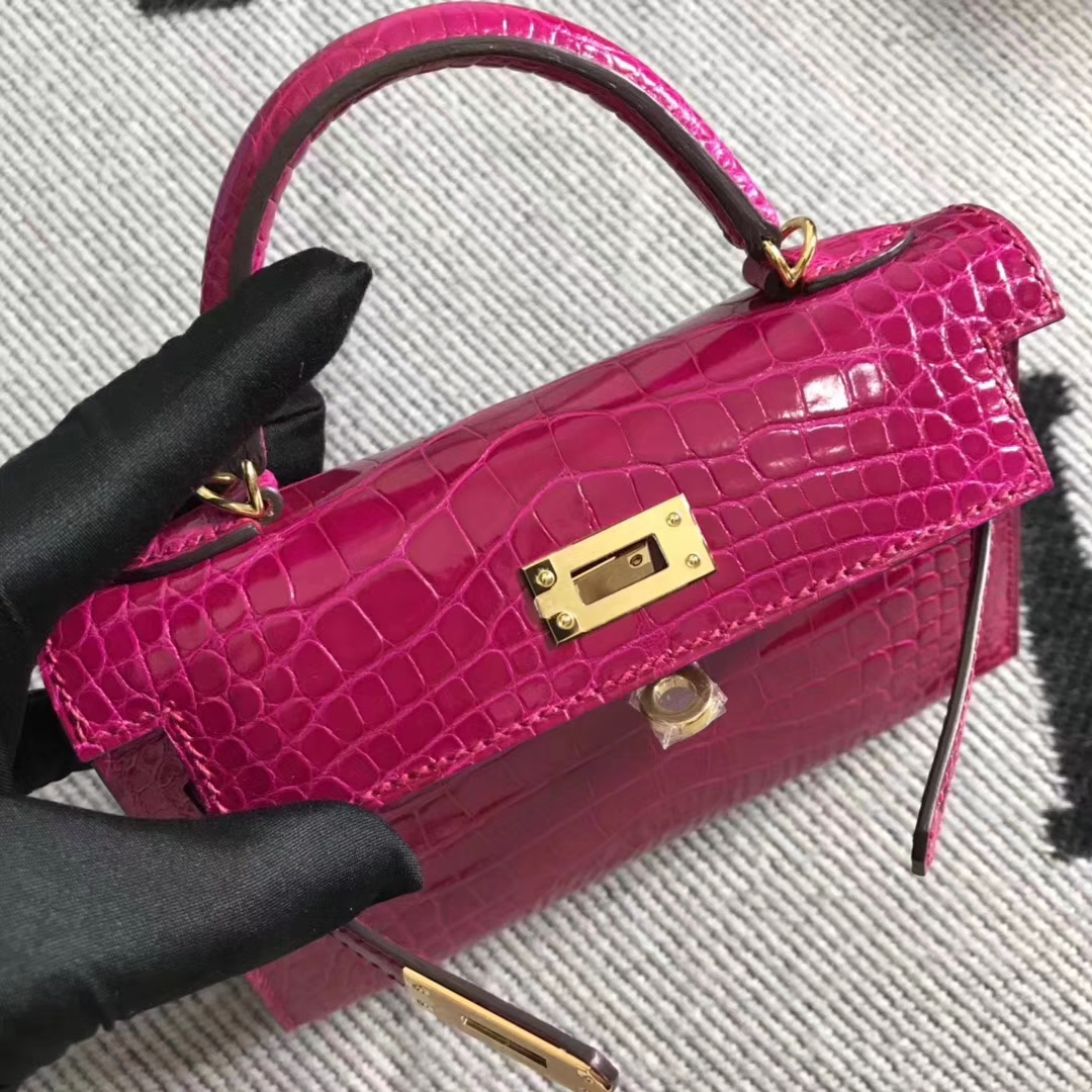 Luxury Hermes Hot Pink Shiny Crocodile Leather Minikelly-2 Evening Clutch Bag Gold Hardware