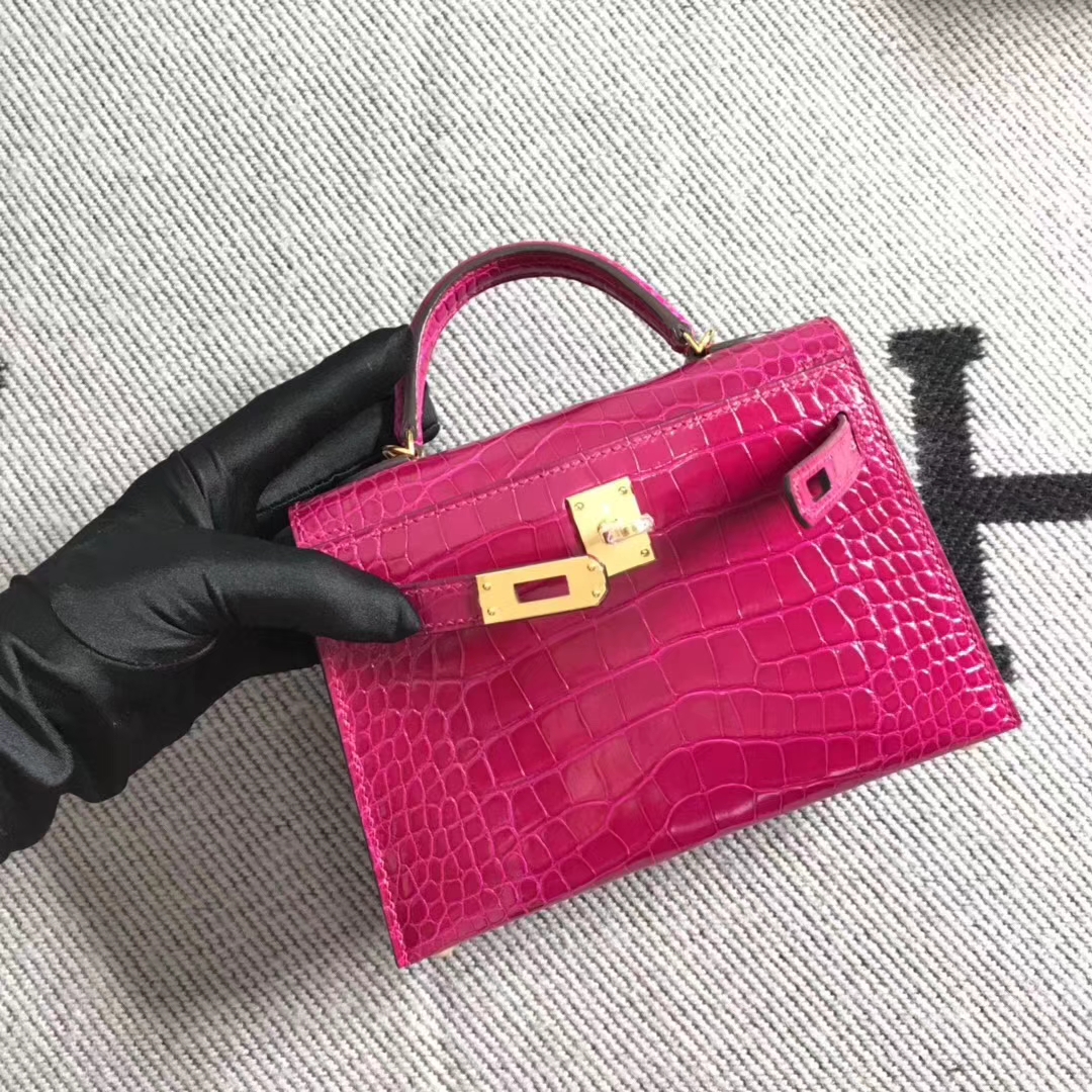 Luxury Hermes Hot Pink Shiny Crocodile Leather Minikelly-2 Evening Clutch Bag Gold Hardware