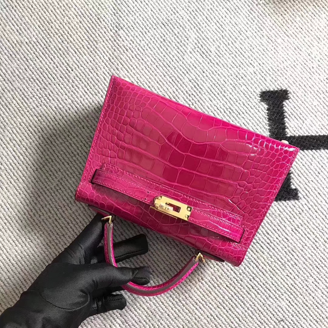 Luxury Hermes Hot Pink Shiny Crocodile Leather Minikelly-2 Evening Clutch Bag Gold Hardware