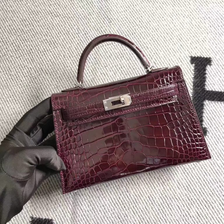 Hermes Shiny Crocodile Minikelly-2 Clutch Bag in Dark Wine Red Silver Hardware