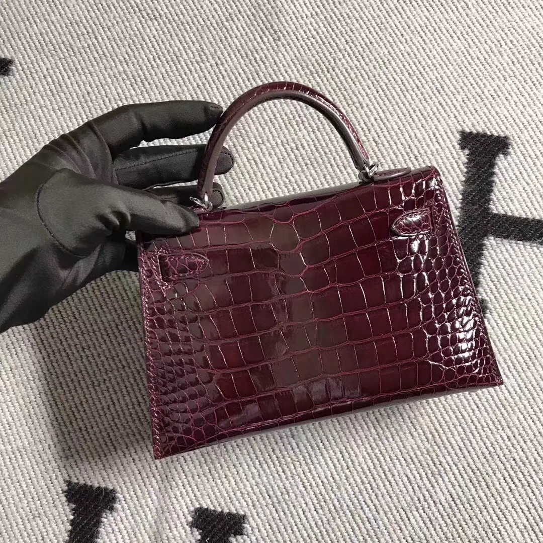 Noble Hermes Shiny Crocodile Minikelly-2 Clutch Bag in Dark Wine Red Silver Hardware