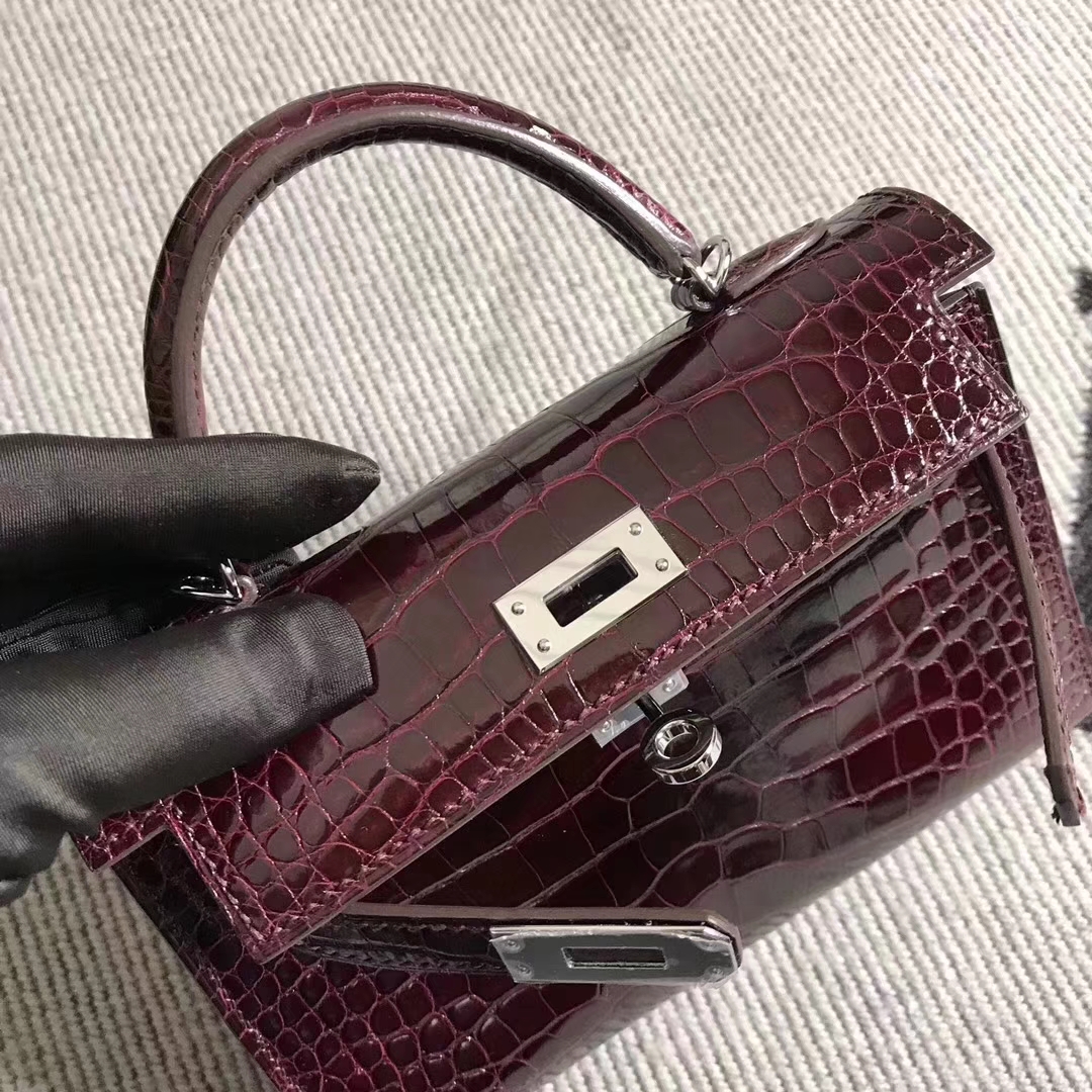 Noble Hermes Shiny Crocodile Minikelly-2 Clutch Bag in Dark Wine Red Silver Hardware