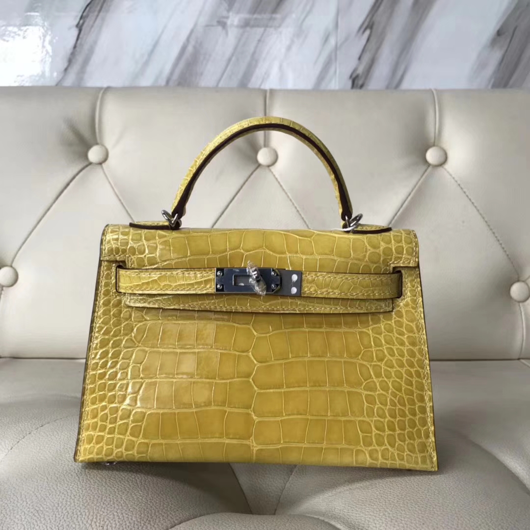 Fashion Hermes 9R Lemone Yellow Alligator Shiny Crocodile Minikelly-2 Clutch Bag