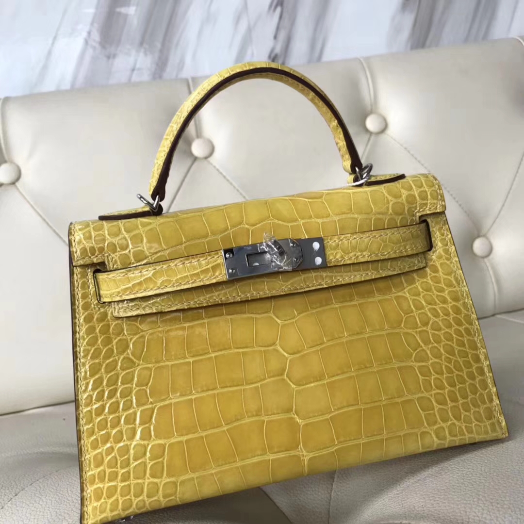 Fashion Hermes 9R Lemone Yellow Alligator Shiny Crocodile Minikelly-2 Clutch Bag