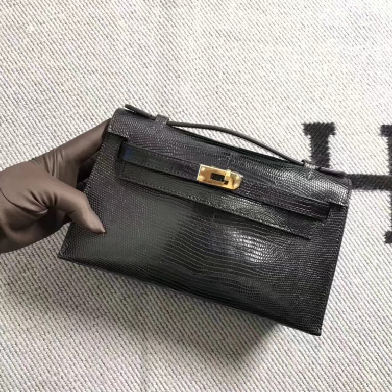 Hermes Black Lizard Leather Minikelly 22CM Pochette Clutch Bag Gold Hardware