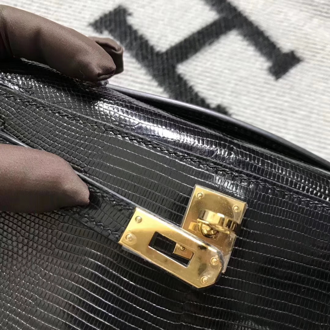 Elegant Hermes Black Lizard Leather Minikelly22CM Pochette Clutch Bag Gold Hardware