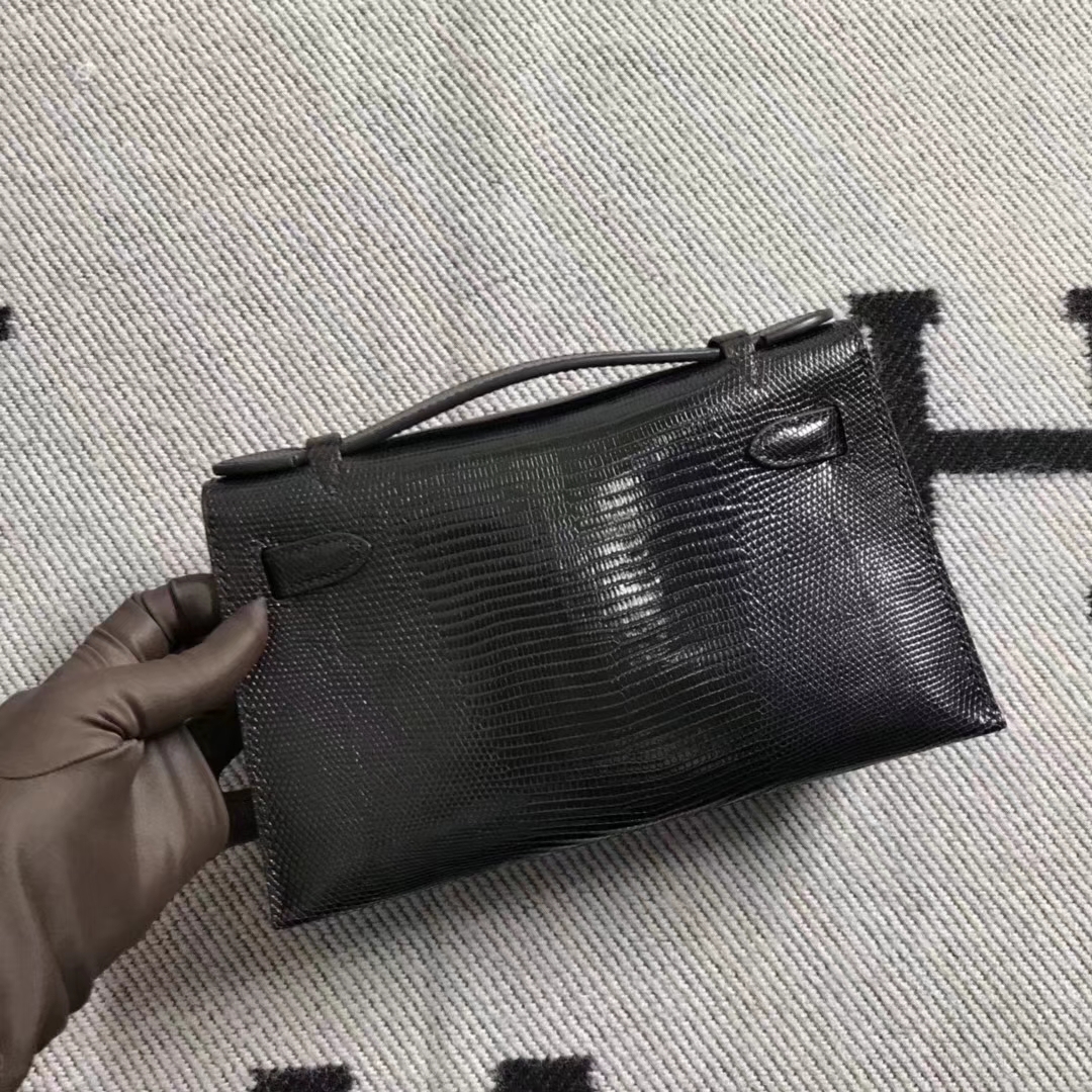 Elegant Hermes Black Lizard Leather Minikelly22CM Pochette Clutch Bag Gold Hardware