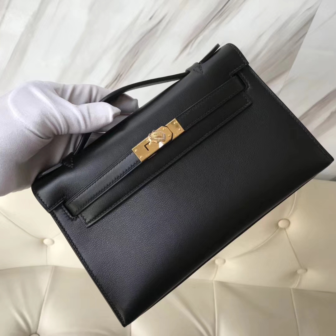 Discount Hermes CK89 Black Swift Calf Leather Minikelly Clutch Bag22CM Gold Hardware