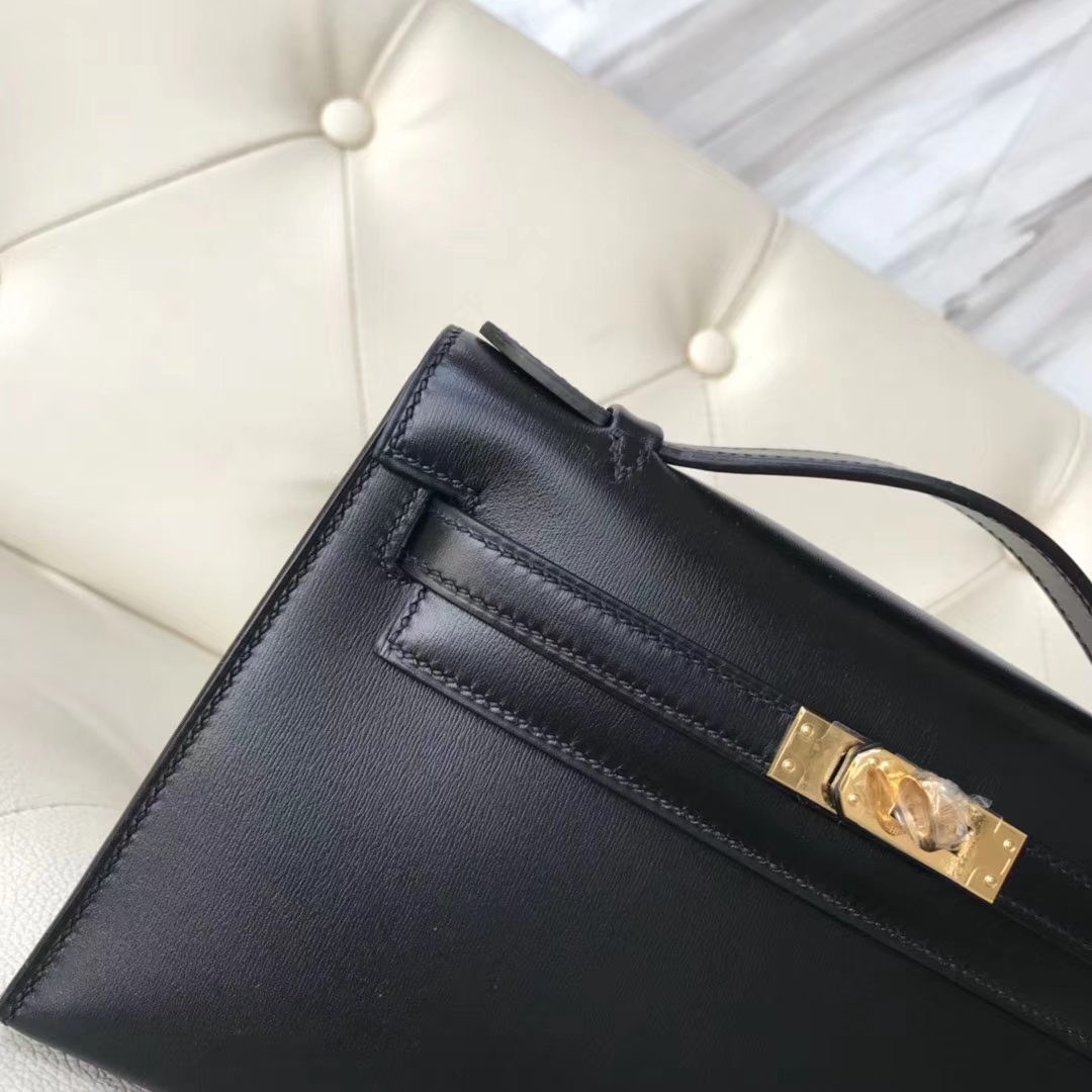 Elegant Hermes CK89 Black Box Calf Leather Minikelly22CM Evening Bag Gold Hardware