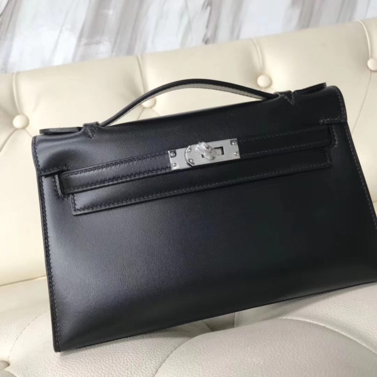 Hermes Box Calf Leather Minikelly Clutch Bag in CK89 Black Silver Hardware