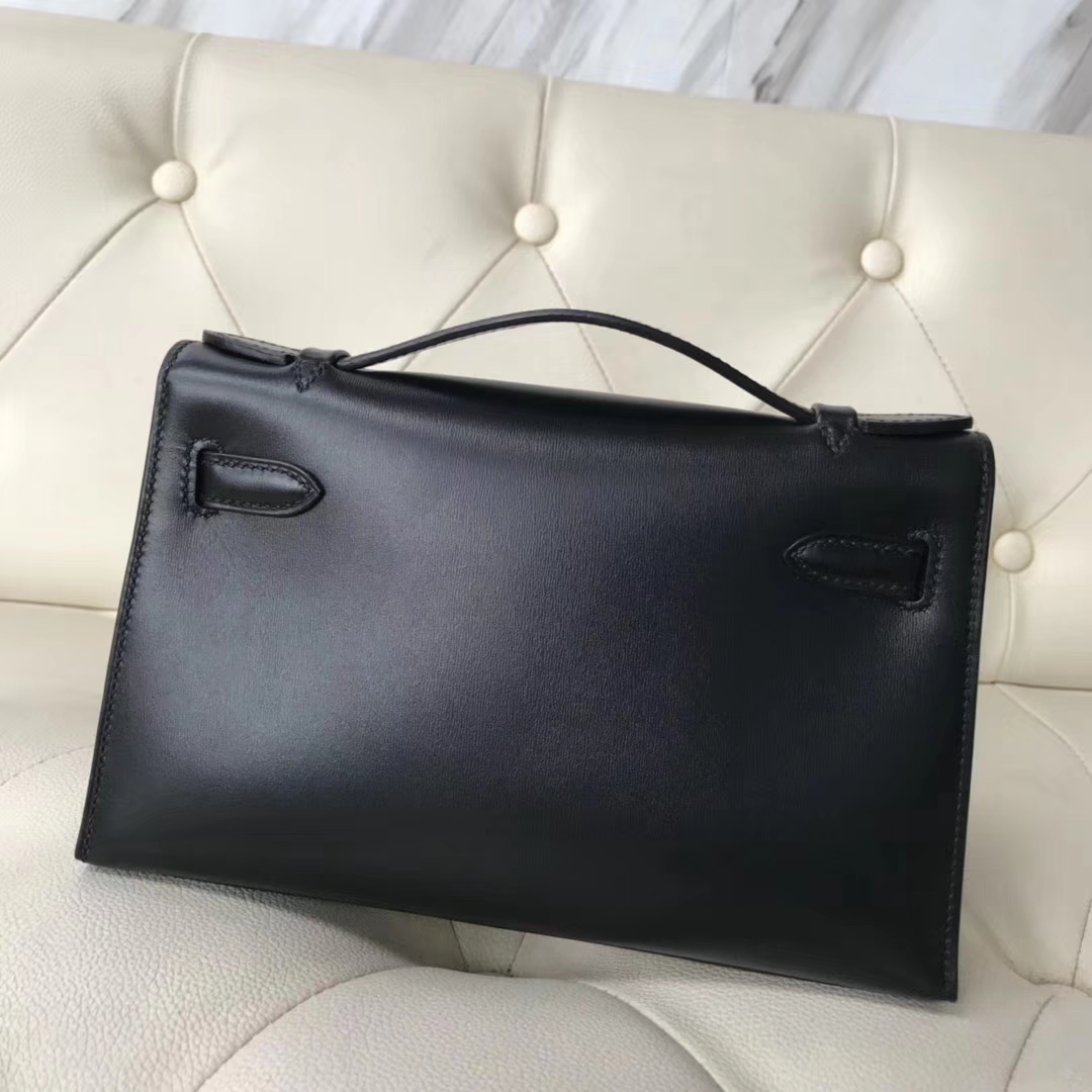 New Hermes Box Calf Leather Minikelly Clutch Bag in CK89 Black Silver Hardware